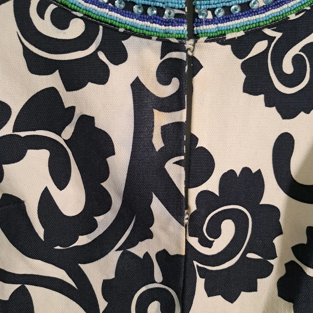 Tory‎ Burch Beaded Collar Floral Print Jacket Navy White Blue Green Women Size 6